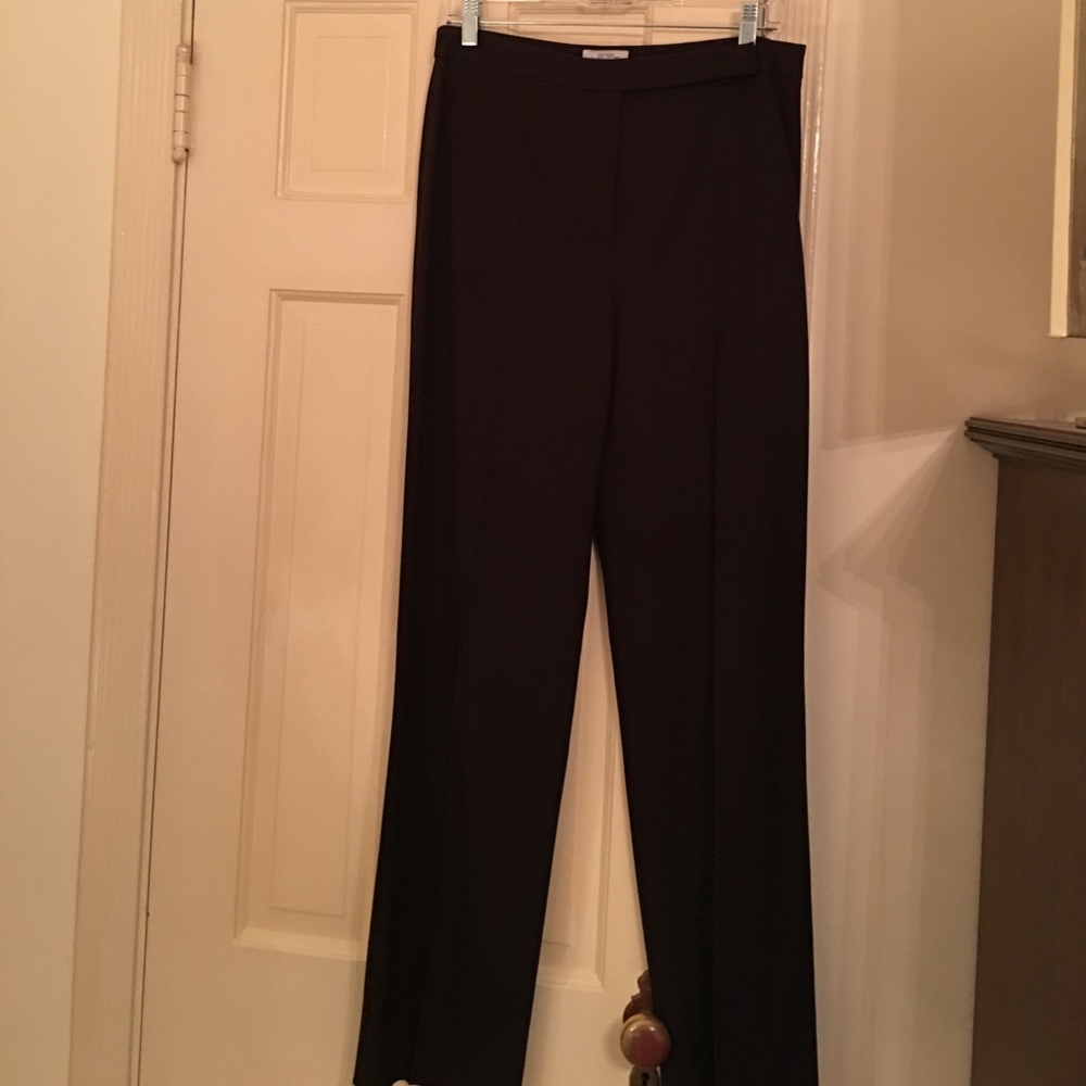 Slim brown polyester/rayon/lycra trousers.