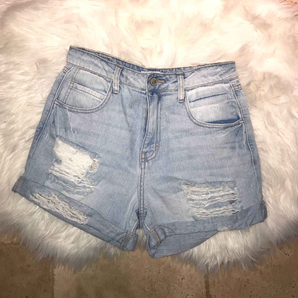High waisted distressed jean shorts