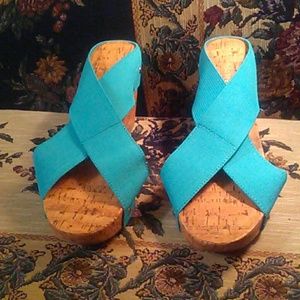 Sz 12 faux cork wedges bluegreen