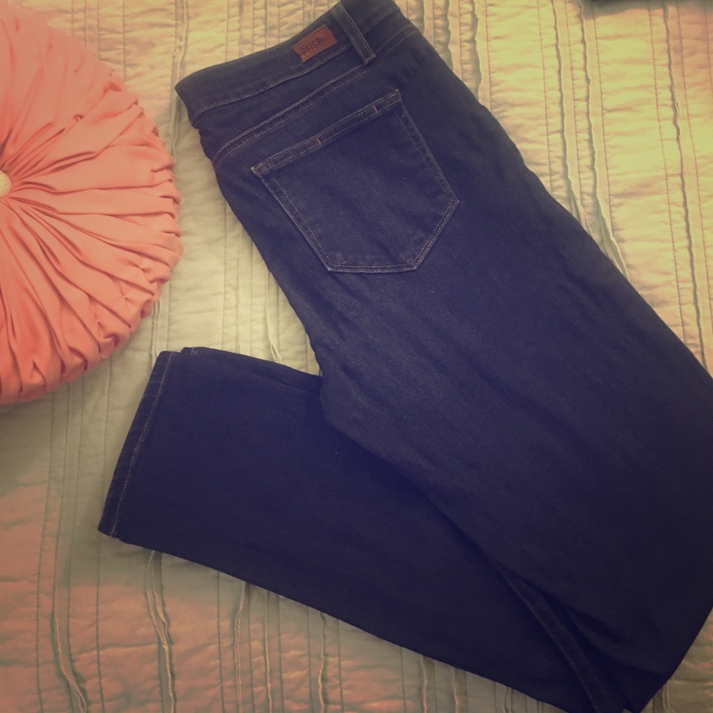 Dark wash Paige straight leg denim.