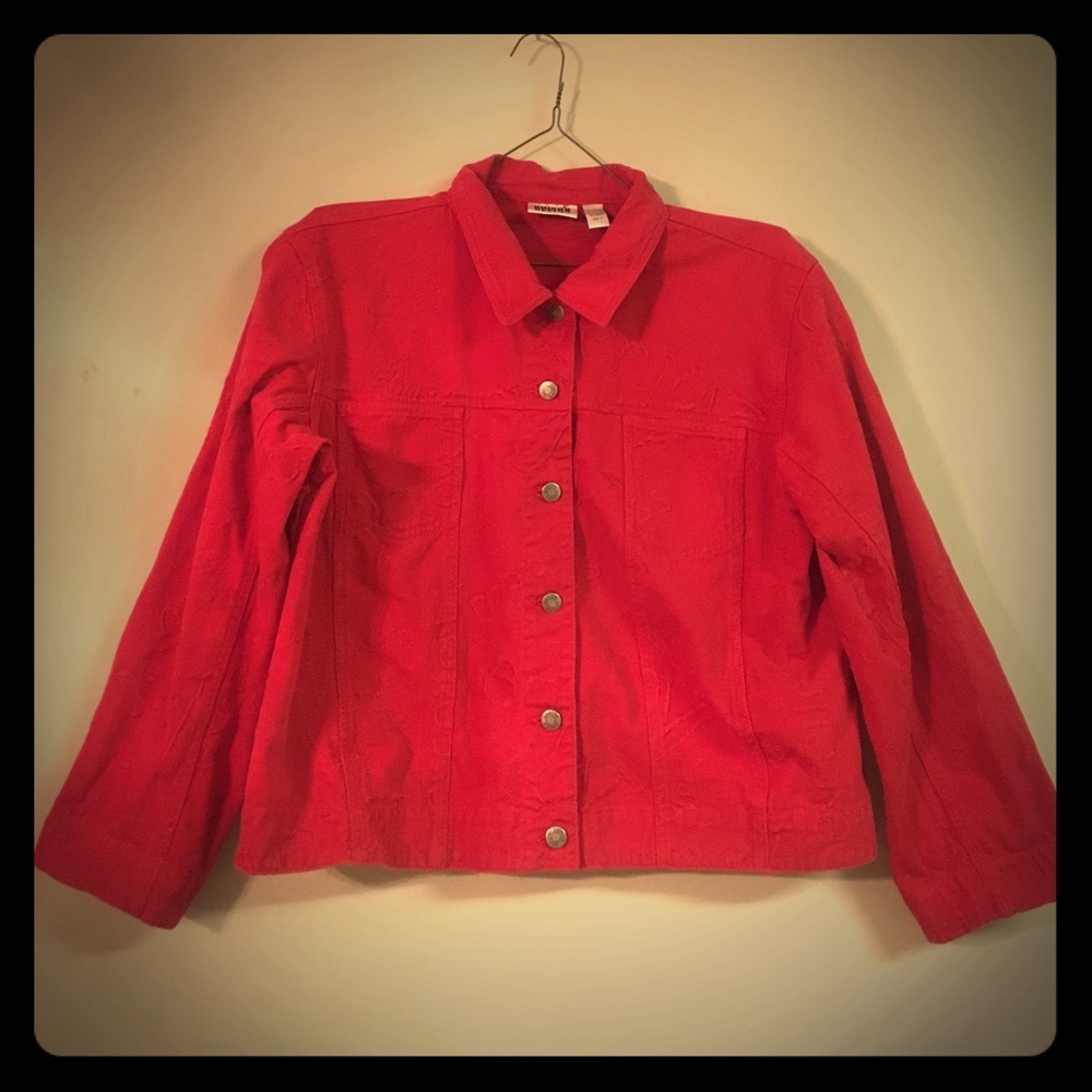 FABULOUS RED DENIM JACKET, CHICO'S SIZE 3, (XL)