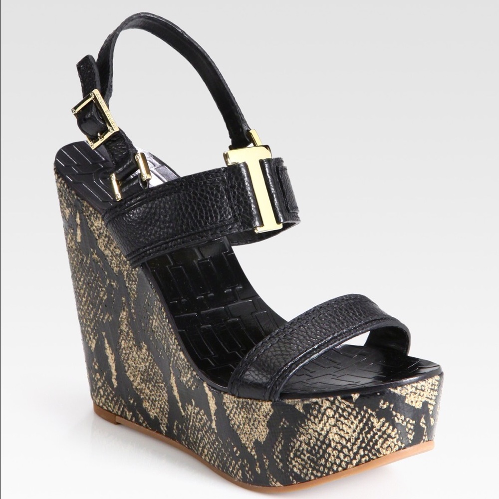 Tory Burch black Angeline snake print wedges NEW