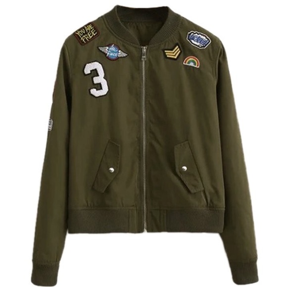 Green bomber jacket patches zip up coat - Picture 2 of 6