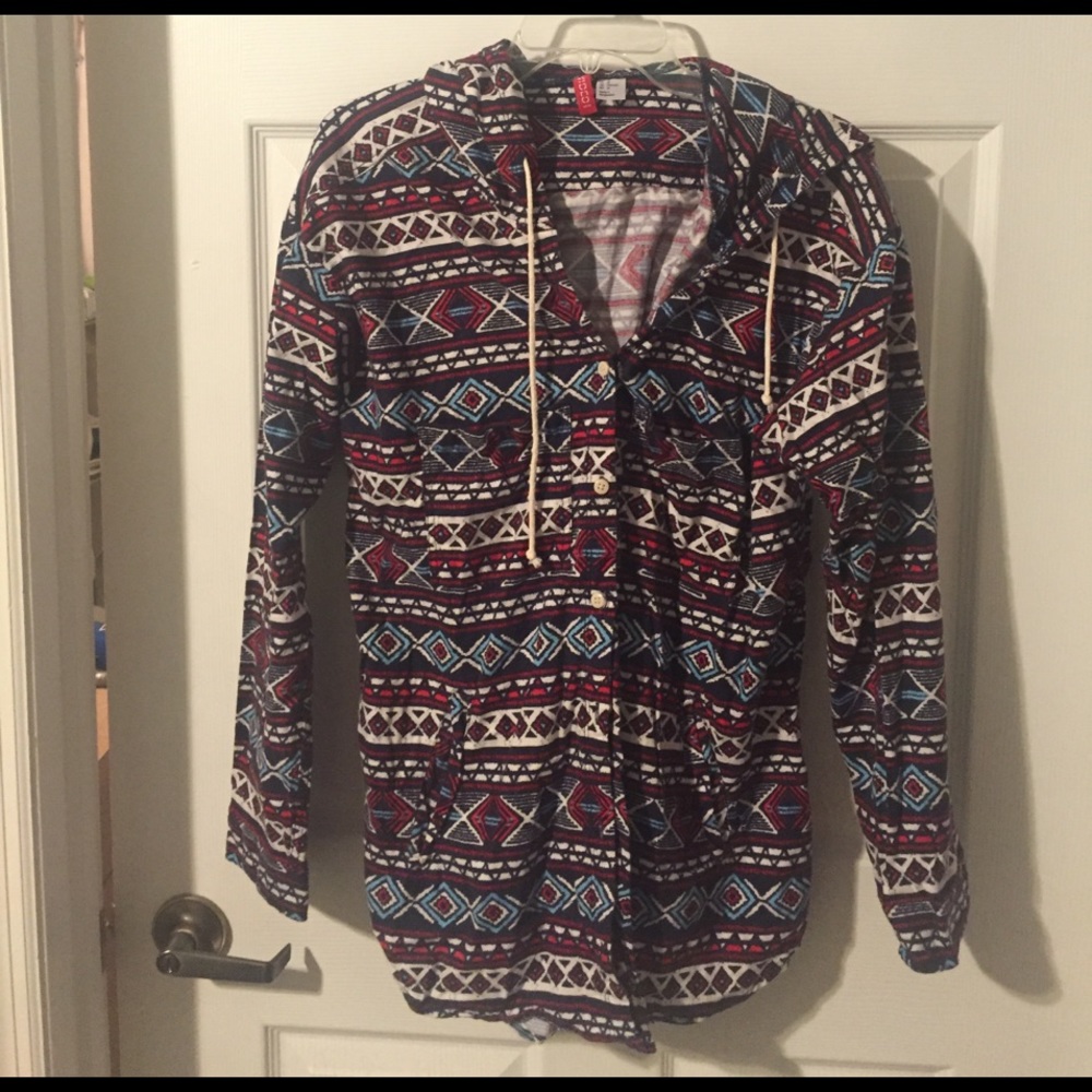 Red and blue Aztec button down with hood