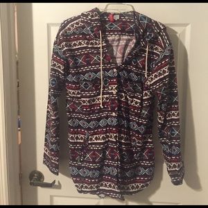 Red and blue Aztec button down with hood