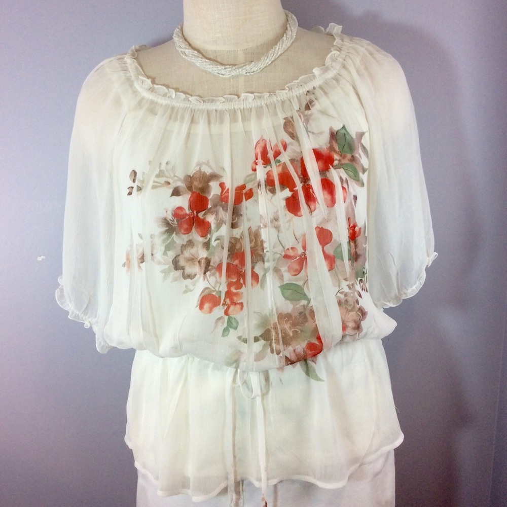 AB Studio Floral Blouse with Drawstring. XL