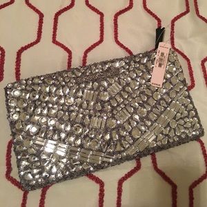 $ DROP NWT VS Silver Sequin & Jewel Clutch