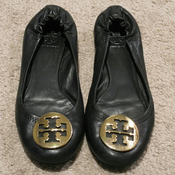 Tory Burch Shoes - Tory Burch Reva Black Leather Gold Emblem Flats 7