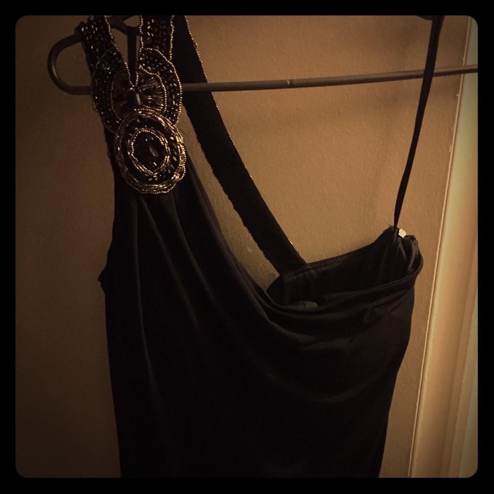 Black Asymmetrical Evening Gown with Beaded Straps