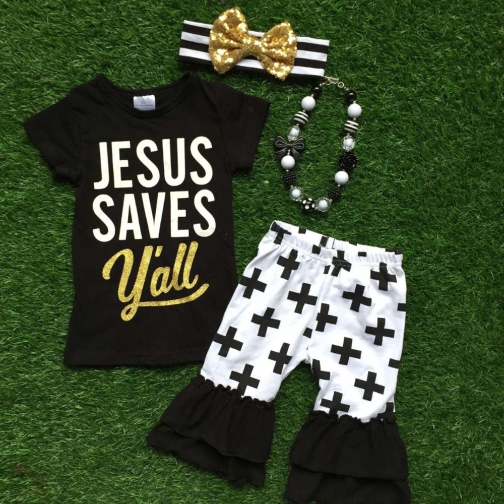 Boutique Toddler Girl 4pc Outfit Jesus Saves Y'all - Picture 2 of 4