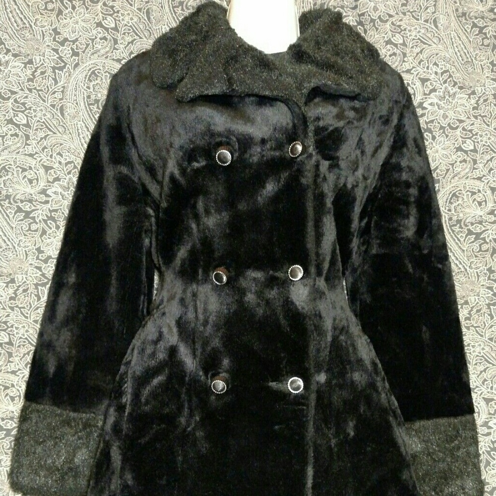 Vtg long soft faux fur black coat 50s, 60s