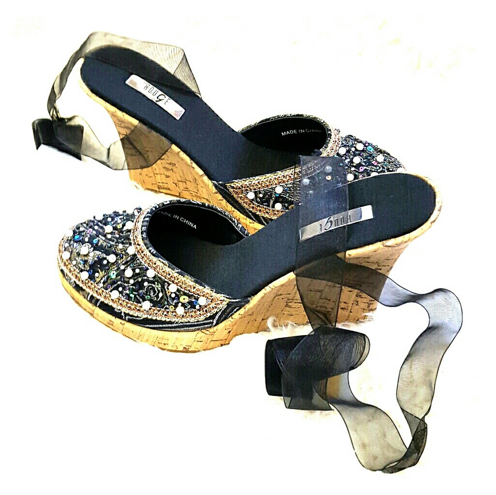 Black, ornately beaded wedges/espadrilles