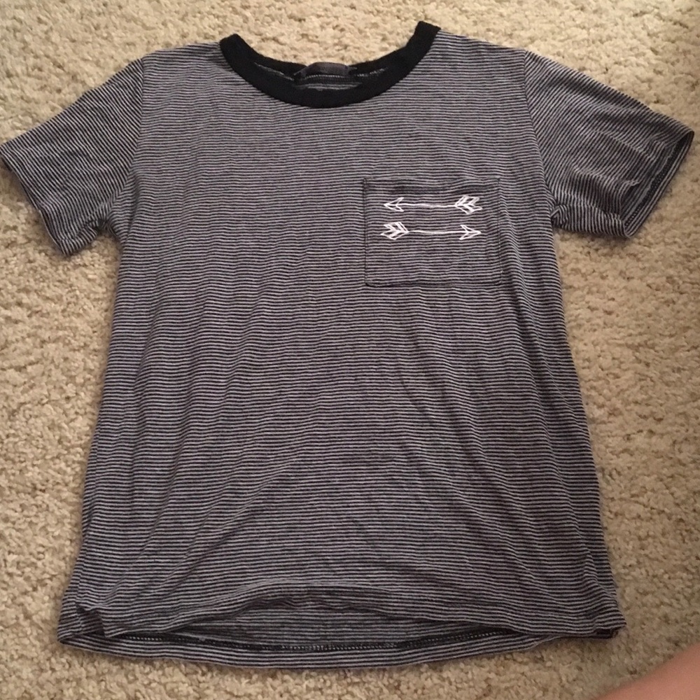 Black&grey striped shirt w/ arrows in the corner