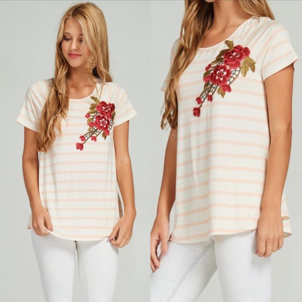 ✨HP✨Blush Striped Rose Embroidered Top🌹