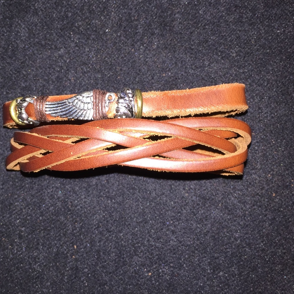 Men's Brown Double Strand Cuff Bracelet Wing Charm