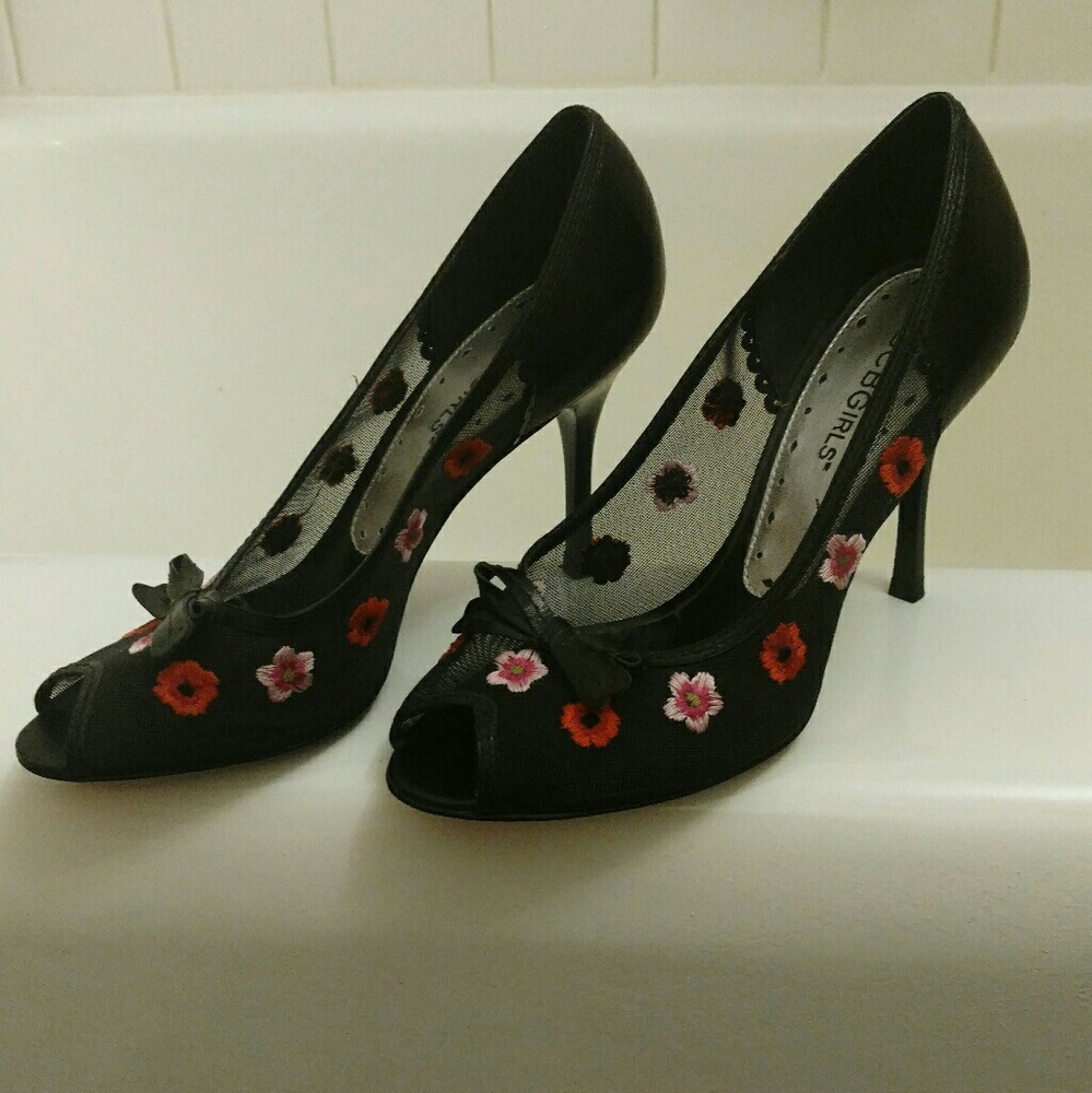 BCBGirls Peep-toe Heels with Embroidered Flowers