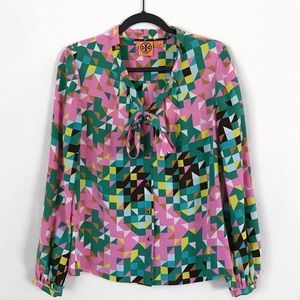 Tory Burch Retro Pussy Bow Geometric Silk Blouse