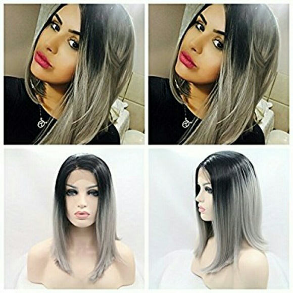 Ombre Black Gray Human Hair Lace Front Wig 12-14