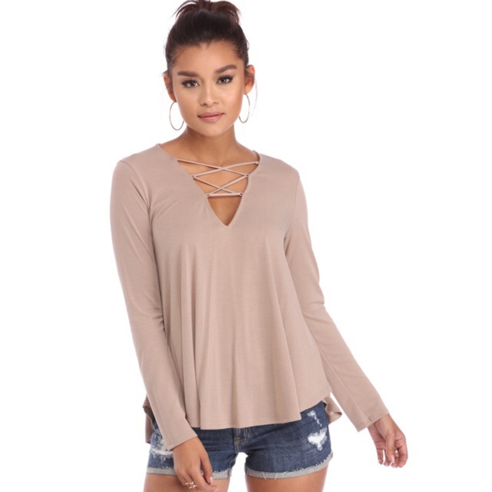 Windsor Taupe Crisscross Low V-Neck Top