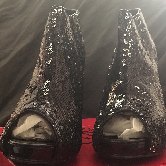 Black Sequin Peep Toe Booties size10 OBO - Picture 2 of 3