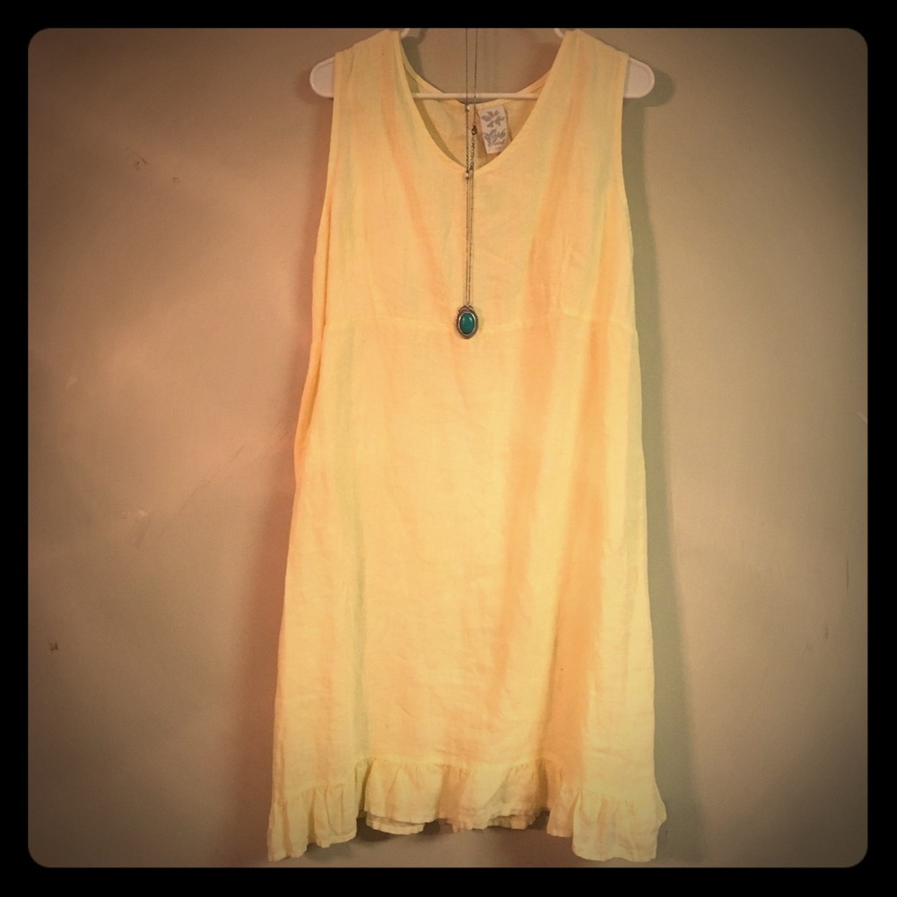 LINEN YELLOW RUFFLED HEM DRESS, L