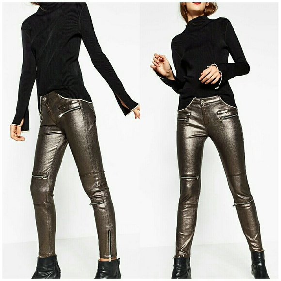 Zara Metallic Zip Biker Trousers - Picture 3 of 8