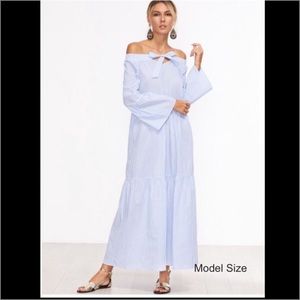 Off the shoulder blue and white maxi dress