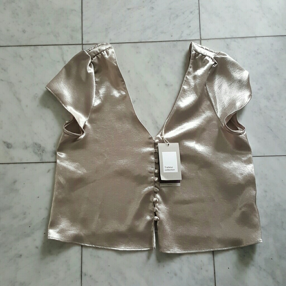 Zara Champagne Double V- Neck Top Sz M - Picture 7 of 8