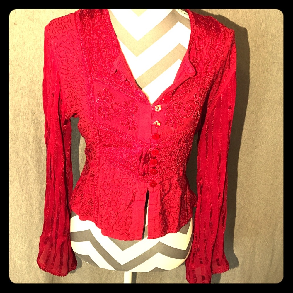 Red Indian Style Crop Top w/ Embroidered Detail OS
