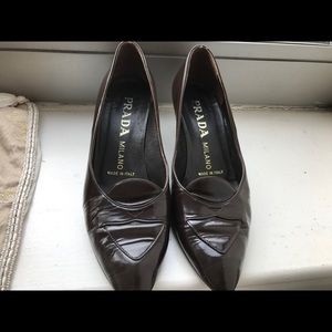 Prada dark brown spazzolato low heel pumps