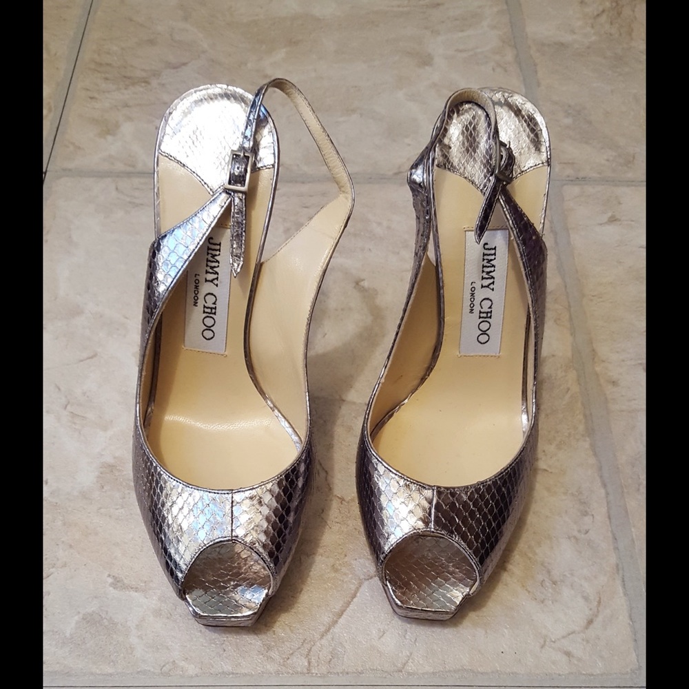 Jimmy Choo Metallic Silver Peep Toe Slingback Heel
