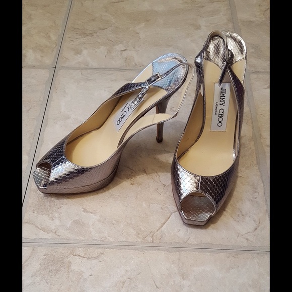 Jimmy Choo Metallic Silver Peep Toe Slingback Heel - Picture 2 of 4