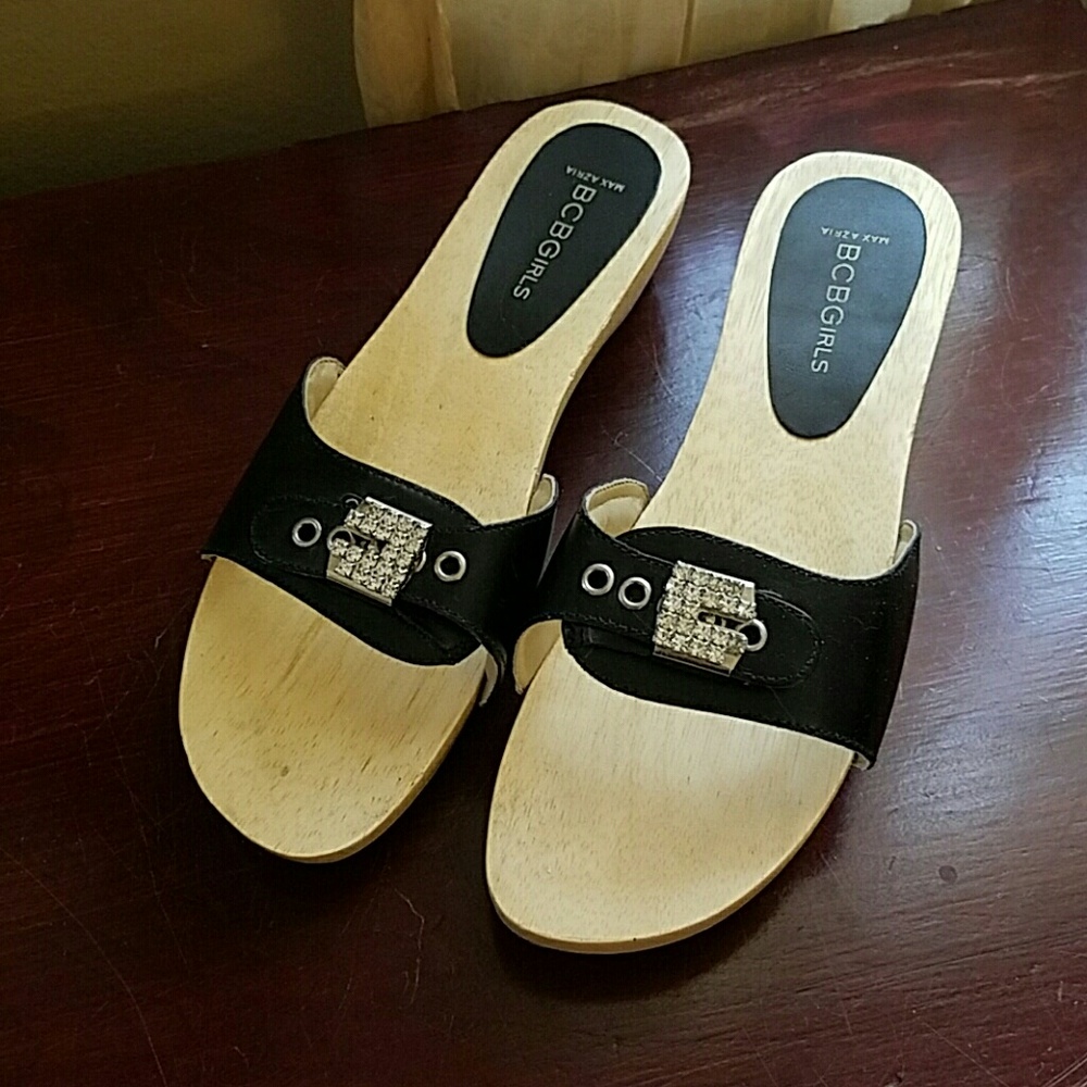 BCBGirls Max Azria wood/leather slide sandals sz 8