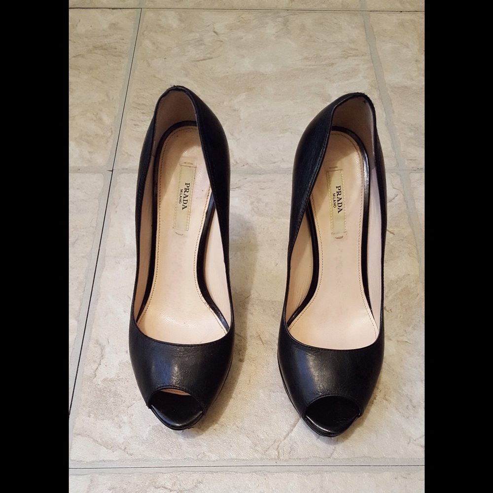 Prada Black Leather Peep Toe Heels