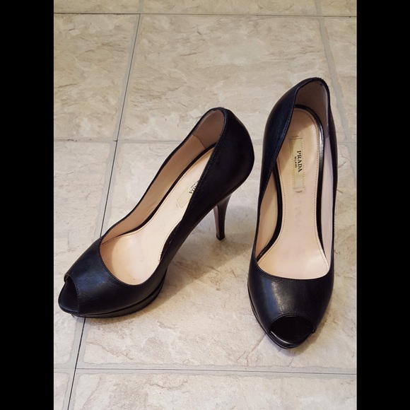 Prada Black Leather Peep Toe Heels - Picture 2 of 4