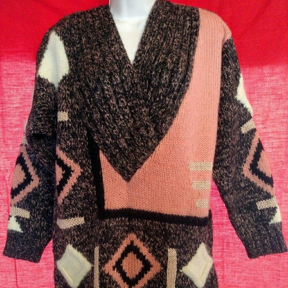 vintage hand knit black pink white gold sweater