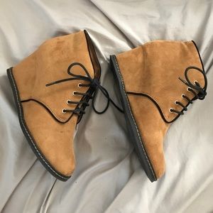 Tan suede wedge booties