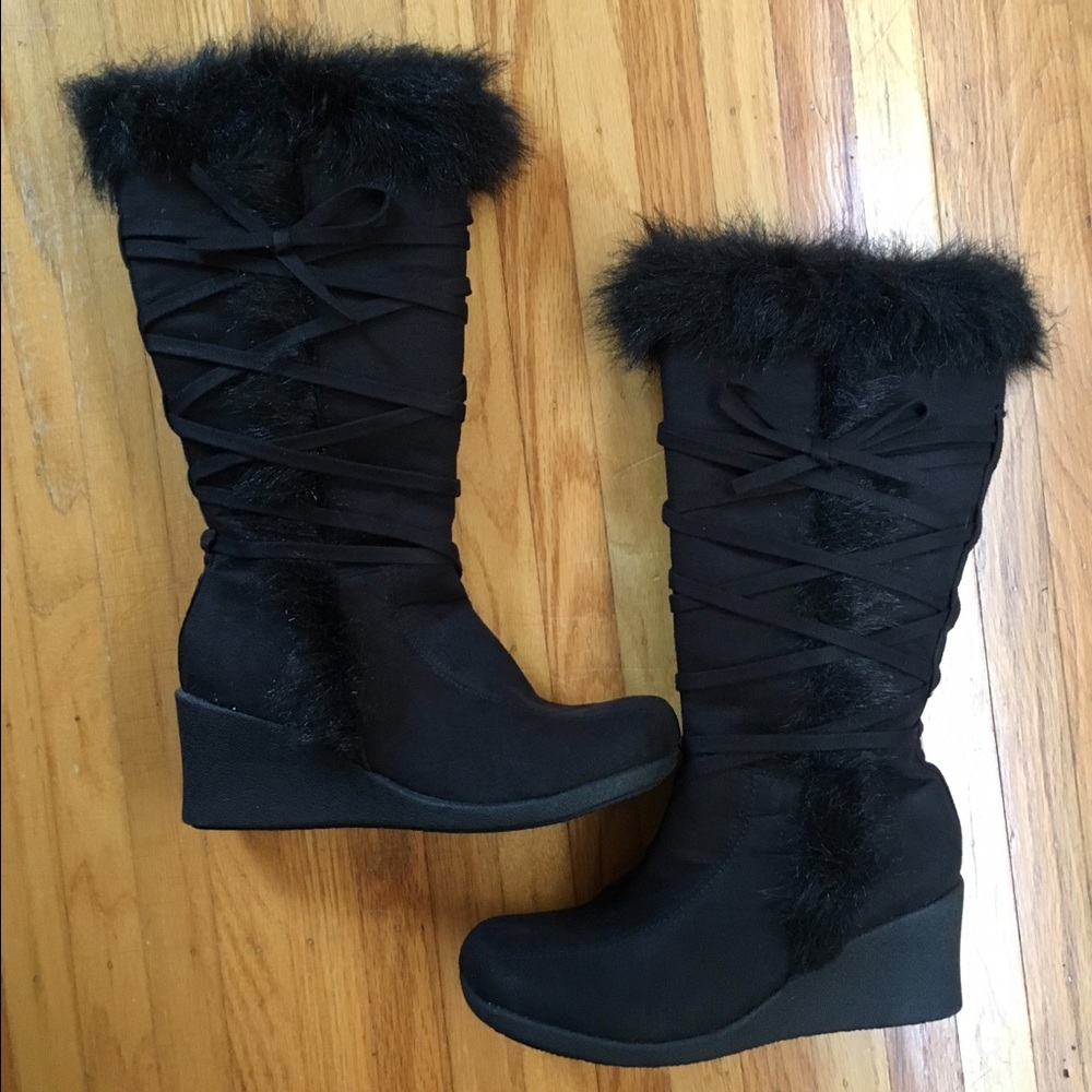NEW faux suede/faux fur mid calf wedge heel boots
