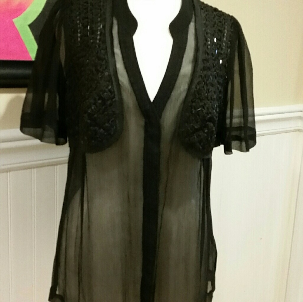 Sheer snap front shirt with sequin front