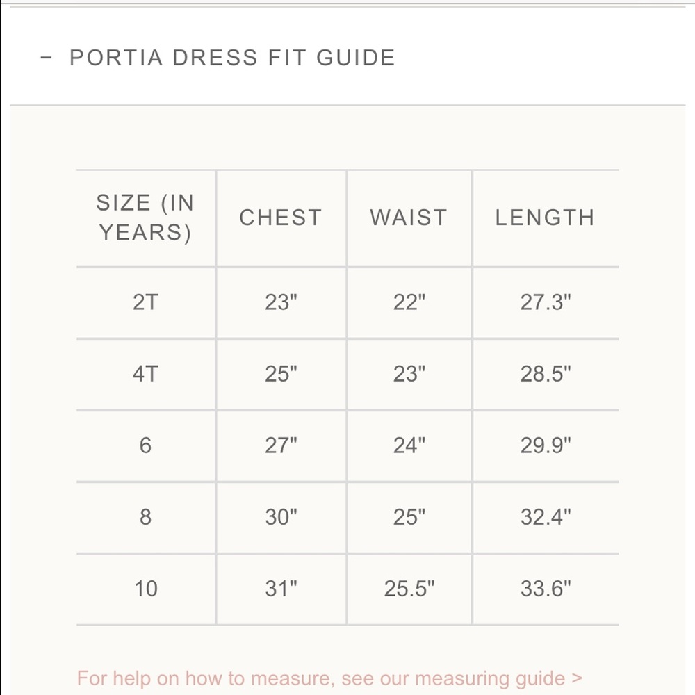 Pictures of sizing for Portia dress