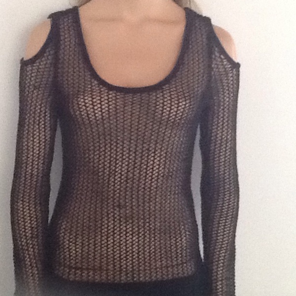 Cute Boston Proper Black Mesh Cold Shoulder Top