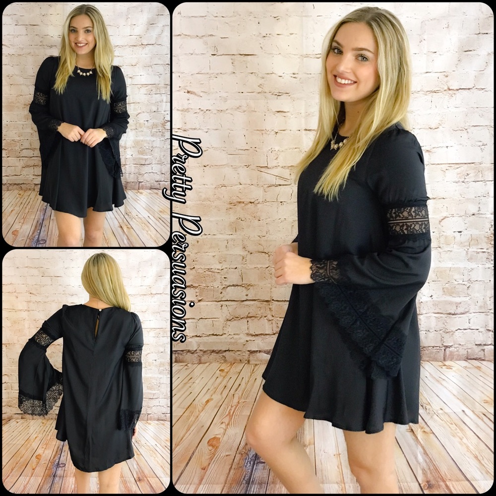 NWT Black Long Bell Sleeve Lace Trim Shift Dress - Picture 2 of 5