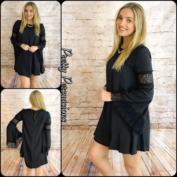 NWT Black Long Bell Sleeve Lace Trim Shift Dress - Picture 2 of 5
