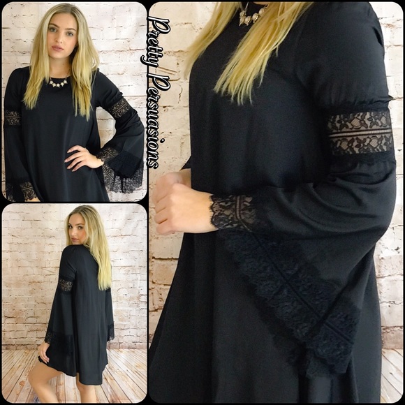 NWT Black Long Bell Sleeve Lace Trim Shift Dress - Picture 4 of 5