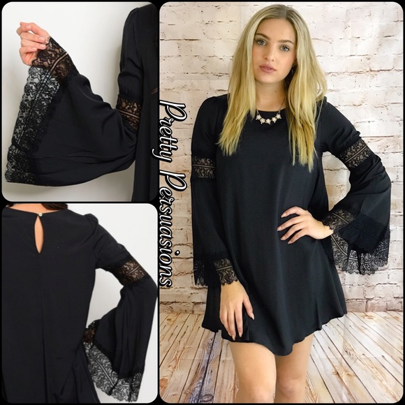 NWT Black Long Bell Sleeve Lace Trim Shift Dress - Picture 5 of 5