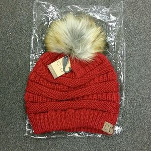 NWT CC Fur Ball Beanie Knit Hat Red