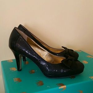 AK Anne Klein fancy, black, glitter heels. 8M