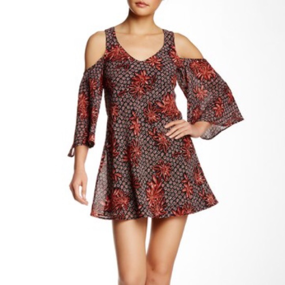 Want & Need- Printed Cold Shoulder Shift Dress.