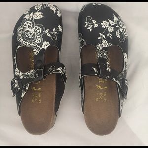 Birkenstock Papillio Black + White Floral Clogs