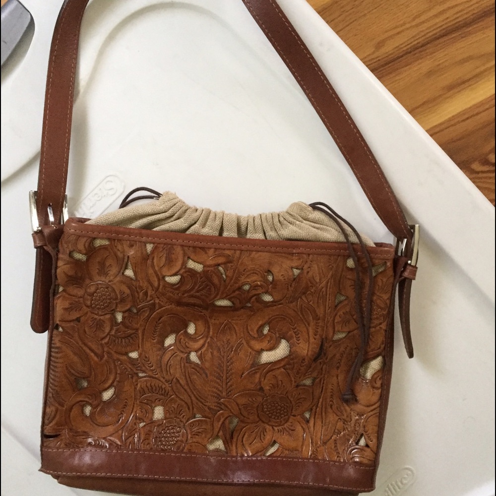 Handmade leather and burlap purse